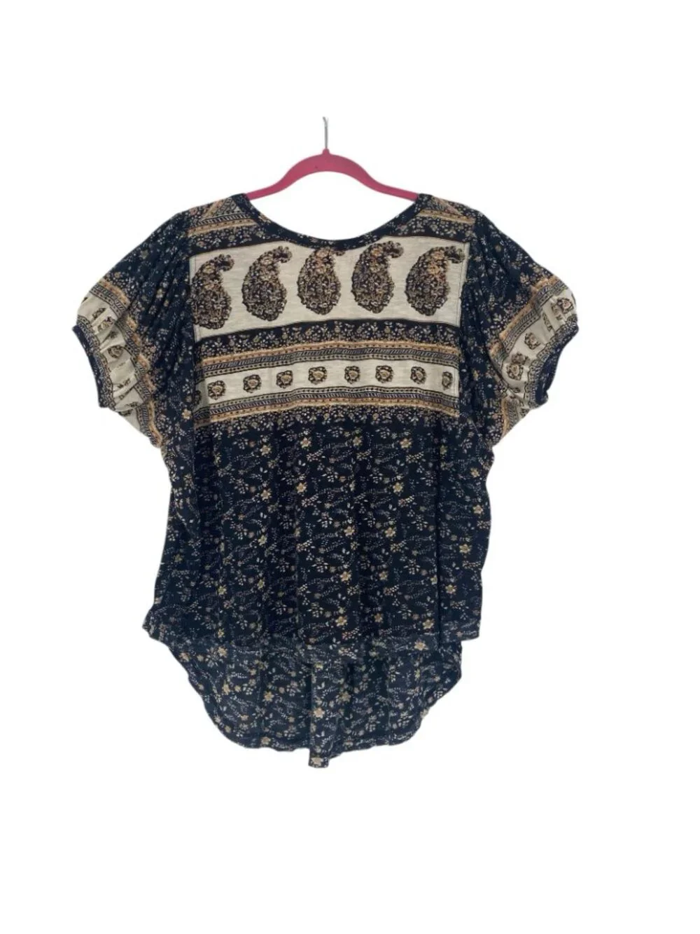 Free People Size M Paisley Puff Sleeve High Neck Black Low Scoop Back Shirt Top